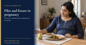 A pregnant woman at a table with a glass of water, dal, vegetables, roti and a pear, beside the words: piles and fissure in pregnancy.