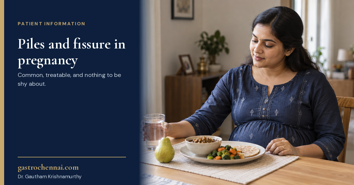 A pregnant woman at a table with a glass of water, dal, vegetables, roti and a pear, beside the words: piles and fissure in pregnancy.